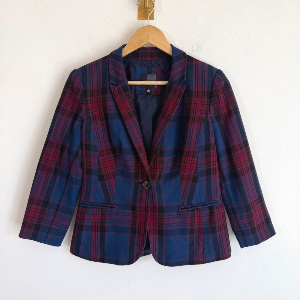 The Limited Plaid Blazer Navy Burgundy Tartan Preppy Dark Academia Cotton Small
